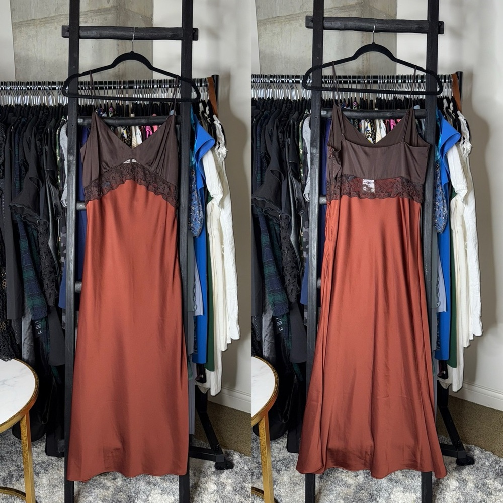Abercrombie & Fitch Brown Satin Lace Panel Slip Dress Womens Medium New NWT - Picture 7 of 15